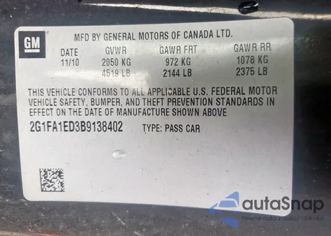 2011 Chevrolet Camaro Ls z USA, uszkodzony, nr VIN 2G1FA1ED3B9138402